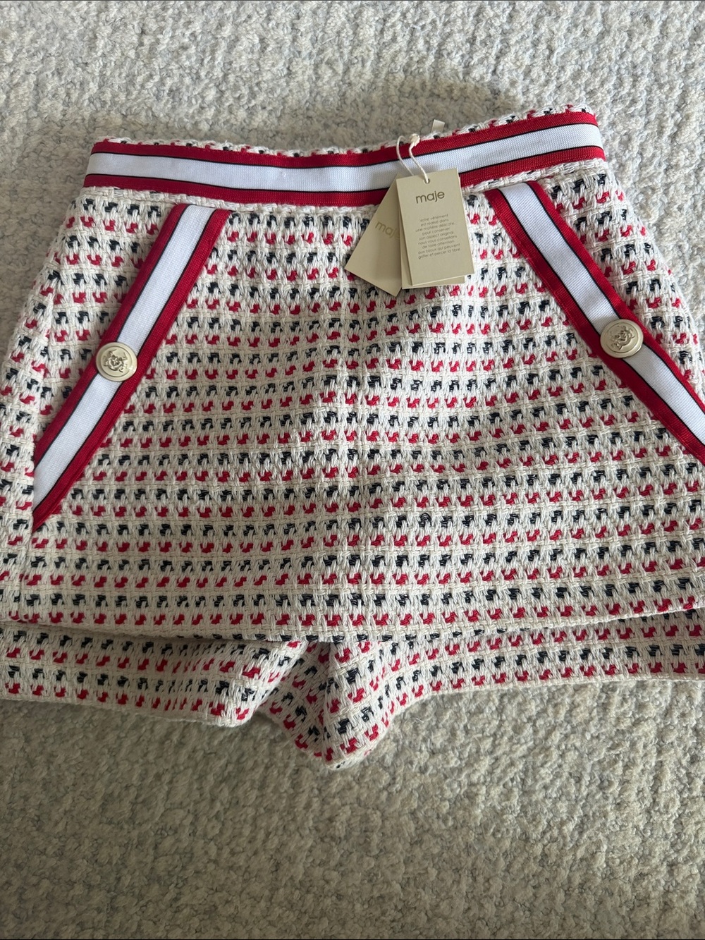 Maje Red and White Tweed High-Waist Shorts